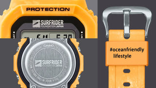 Orange digital watch with Casio branding, featuring the Surfrider Foundation Japan logo.