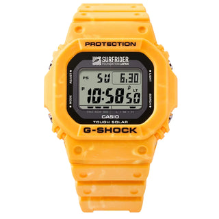 Yellow Casio G-Shock watch with digital display on a white background