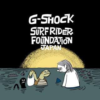 Cartoon scene with characters and text 'G-Shock Surf Rider Foundation Japan' on a black background.
