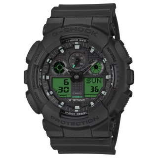 G-SHOCK GA100BEG-1A analog-digital watch with black resin case, electro green accents, and oversized dial.