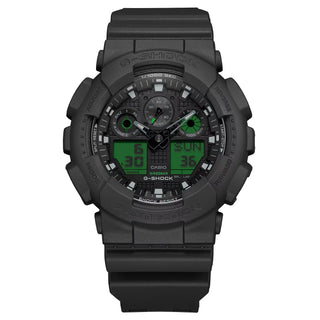 G-SHOCK GA100BEG-1A analog-digital watch with black resin case, electro green accents, and oversized dial.