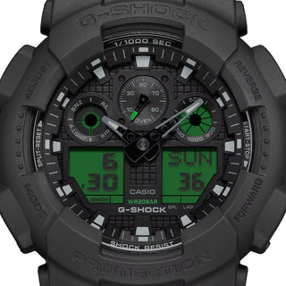 G-SHOCK GA100BEG-1A analog-digital watch with black resin case, electro green accents, and oversized dial.