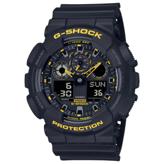 G-SHOCK GA100CY-1A Analog-Digital Watch, black and yellow design.