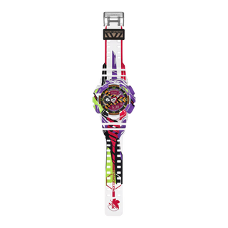 G-Shock GA110EVA307A Evangelion watch with EVA Unit-01 detailing, Spear of Longinus design, and 30th anniversary collaboration artwork.