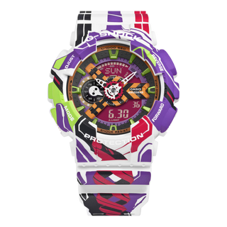 G-Shock GA110EVA307A Evangelion watch with EVA Unit-01 detailing, Spear of Longinus design, and 30th anniversary collaboration artwork.