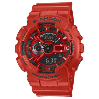 Red G-Shock GA110RRB-4A watch with oversized case, layered dial, monochrome red band, and black accent details.
