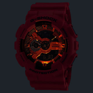 Red G-Shock GA110RRB-4A watch with oversized case, layered dial, monochrome red band, and black accent details.
