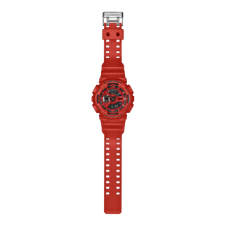 Red G-Shock GA110RRB-4A watch with oversized case, layered dial, monochrome red band, and black accent details.
