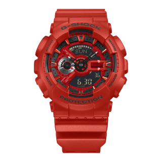 Red G-Shock GA110RRB-4A watch with oversized case, layered dial, monochrome red band, and black accent details.
