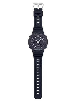 Front view of the black G-SHOCK GA2100-1A watch with an octagonal bezel, gray hands and indices, and an analog-digital dial