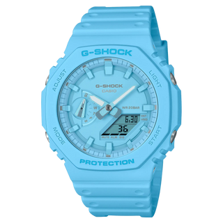 G-SHOCK GA2100-2A2 Watch in blue, featuring monochrome aesthetics, shock-resistant structure, and dual LED illumination.