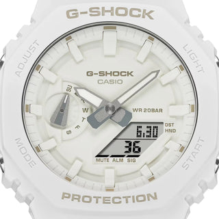 G-SHOCK GA2100-7A7 analog-digital watch in white with shock-resistant design and dual LED lighting.