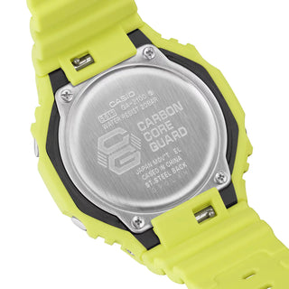 G-SHOCK GA2100-9A9 watch in volt yellow, shock-resistant, with monochrome design and dual LED lights.