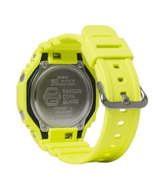 G-SHOCK GA2100-9A9 watch in volt yellow, shock-resistant, with monochrome design and dual LED lights.