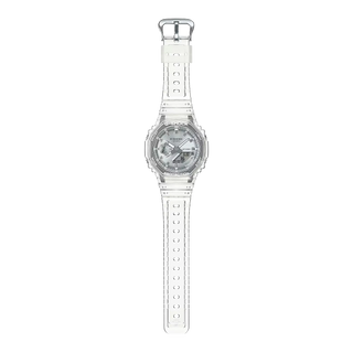 Clear wristwatch with silver accents on a white background