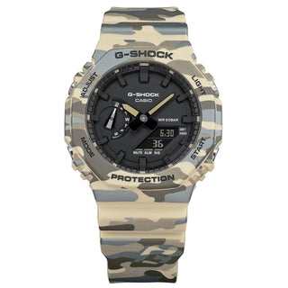 G-SHOCK GA2100CM-5A camouflage watch with original G-mark concealing camo pattern, metallic print, Carbon Core Guard structure, bio-based resin band, shock resistance, and 200-meter water resistance