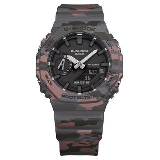 Casio G-Shock GA2100CM-8A camo watch with metallic camouflage pattern and octagonal case design.
