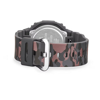 Casio G-Shock GA2100CM-8A camo watch with metallic camouflage pattern and octagonal case design.

