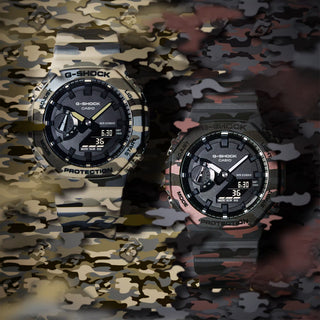 Casio G-Shock GA2100CM-8A camo watch with metallic camouflage pattern and octagonal case design.
