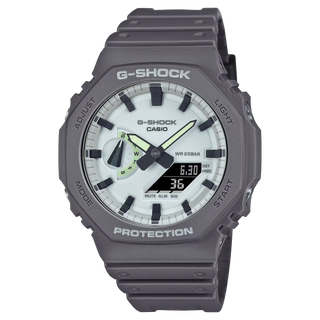 G-SHOCK GA2100HD-8A watch, dark gray with luminescent parts and white accents, bio-based resin band.