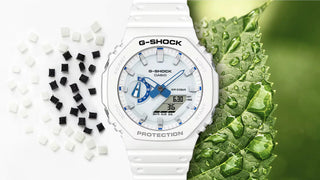 Casio G-Shock watch with white strap on a green leaf background