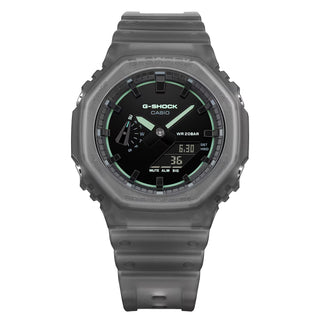 Casio G-Shock GA2100K-1A watch with black glossy dial, neon accents, and octagonal case design.
