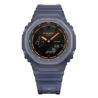Casio G-Shock GA2100K-2A watch with black glossy dial, neon accents, and octagonal case design.