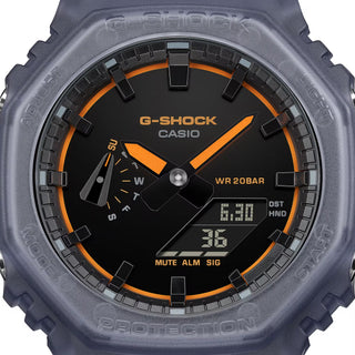 Casio G-Shock GA2100K-2A watch with black glossy dial, neon accents, and octagonal case design.