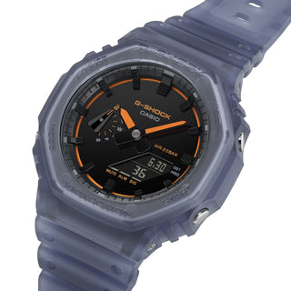Casio G-Shock GA2100K-2A watch with black glossy dial, neon accents, and octagonal case design.