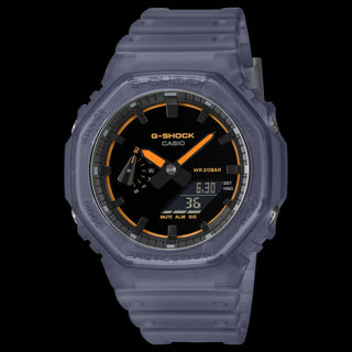 Casio G-Shock GA2100K-2A watch with black glossy dial, neon accents, and octagonal case design.