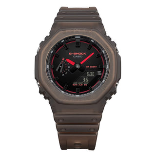 Casio G-Shock GA2100K-5A watch with black glossy dial, neon accents, and octagonal case design.
