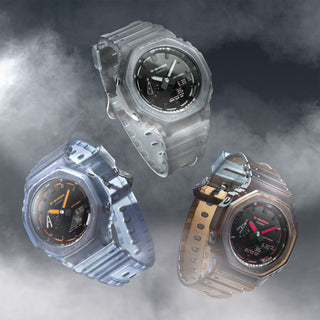 Casio G-Shock GA2100K-2A watch with black glossy dial, neon accents, and octagonal case design.