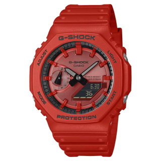 Red G-Shock GA2100RRB-4A watch with octagonal bezel, monochrome red case and band, and black dial accents.