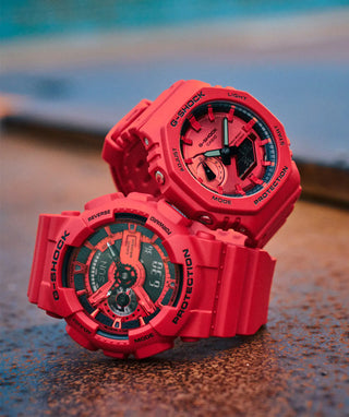 Red G-Shock GA2100RRB-4A watch with octagonal bezel, monochrome red case and band, and black dial accents.