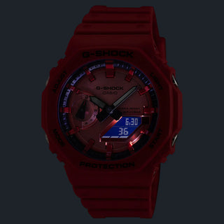 Red G-Shock GA2100RRB-4A watch with octagonal bezel, monochrome red case and band, and black dial accents.