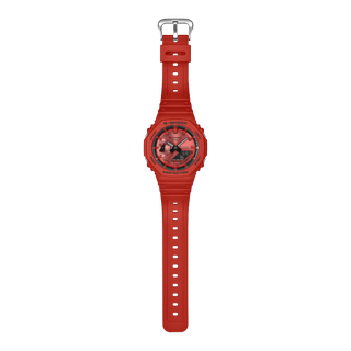 Red G-Shock GA2100RRB-4A watch with octagonal bezel, monochrome red case and band, and black dial accents.