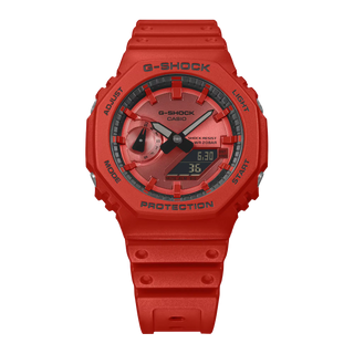 Red G-Shock GA2100RRB-4A watch with octagonal bezel, monochrome red case and band, and black dial accents.
