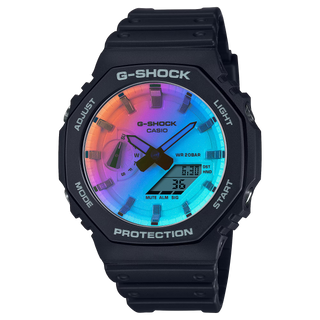 GA-2100SR-1A G-Shock watch with iridescent rainbow crystal, gradated finish, durable build, and unique light-reflective color pattern.