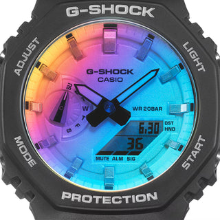 GA-2100SR-1A G-Shock watch with iridescent rainbow crystal, gradated finish, durable build, and unique light-reflective color pattern.
