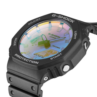 GA-2100SR-1A G-Shock watch with iridescent rainbow crystal, gradated finish, durable build, and unique light-reflective color pattern.