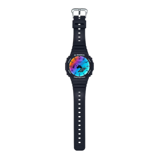 GA-2100SR-1A G-Shock watch with iridescent rainbow crystal, gradated finish, durable build, and unique light-reflective color pattern.