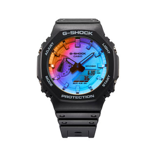 GA-2100SR-1A G-Shock watch with iridescent rainbow crystal, gradated finish, durable build, and unique light-reflective color pattern.