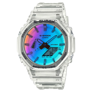 GA-2100SRS-7A G-Shock watch with iridescent crystal, rainbow vapor coating, shock-resistant build, and luminous shifting color finish.