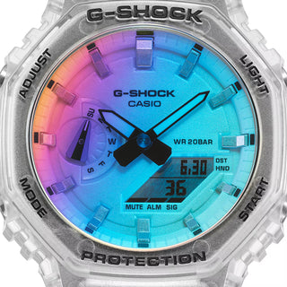 GA-2100SRS-7A G-Shock watch with iridescent crystal, rainbow vapor coating, shock-resistant build, and luminous shifting color finish.