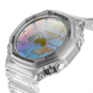 GA-2100SRS-7A G-Shock watch with iridescent crystal, rainbow vapor coating, shock-resistant build, and luminous shifting color finish.