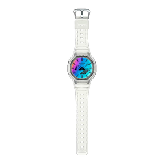 GA-2100SRS-7A G-Shock watch with iridescent crystal, rainbow vapor coating, shock-resistant build, and luminous shifting color finish.