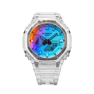 GA-2100SRS-7A G-Shock watch with iridescent crystal, rainbow vapor coating, shock-resistant build, and luminous shifting color finish.