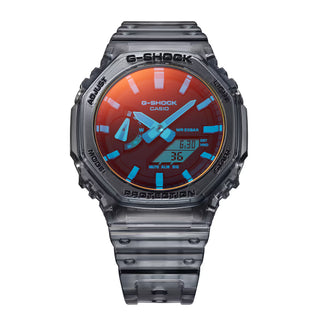 GA-2100TLS-8A G-Shock watch in translucent grey and orange with iridescent glass and durable shock-resistant construction.