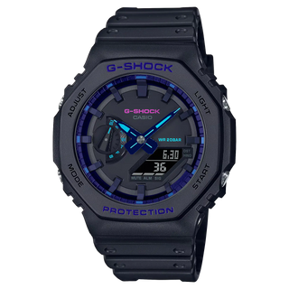 G-Shock watch with black and blue design on a white background