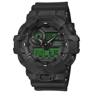 G-SHOCK GA700BEG-1A analog-digital watch with black resin case, electro green accents, and oversized dial.